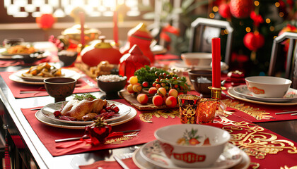 Fototapeta premium Festive table served for Chinese New Year celebration in dining room