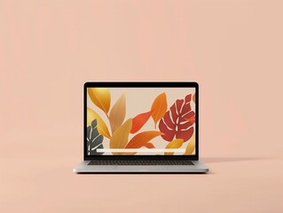 Modern laptop with a graphic wallpaper of colorful autumn leaves on a pastel pink background.