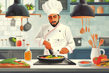 Colorful illustration of a smiling Indian chef preparing a delicious dish in a modern kitchen setting