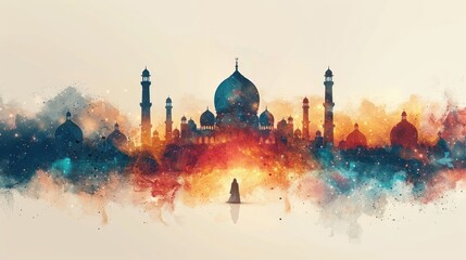 Islamic design illustration concept for Happy eid mubarak or ramadan greeting with people character