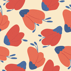 Floral seamless pattern. Red wildflowers endless background with grainy texture. Summer botanic repeat cover. Flower bud vector hand drawn illustration.