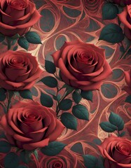 Red roses against a dark, swirling patterned background, adding a touch of elegance and mystery, generated with AI.