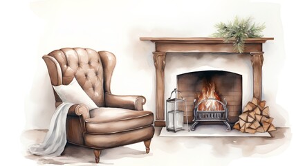 Cozy armchair and fireplace. Watercolor hand drawn illustration.