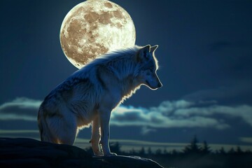 White wolf in front of the full moon in the night sky