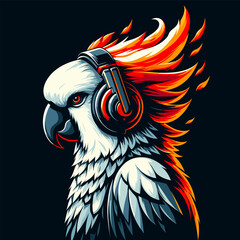 Cockatoo as Gamer, Cute Character Mascot Logo Design Concept, Wearing Headphones and Hold Game Controller, Cartoon Clipart Vector illustration concept style for badge sport and esport team.