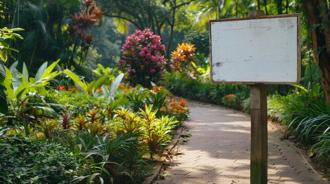Blank mockup of a directional sign with images of different types of flowers and plants guiding visitors towards a botanical garden in the park. .