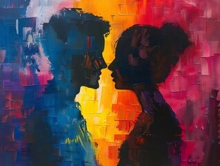 A painting of two people kissing with a red background