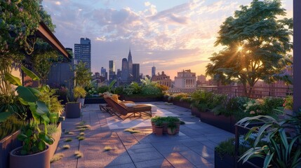 A tranquil rooftop garden oasis with lush greenery and comfortable seating areas, offering...
