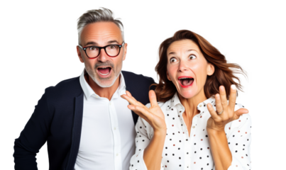 Excited couple in surprise, glasses and polka dot dress against transparent background