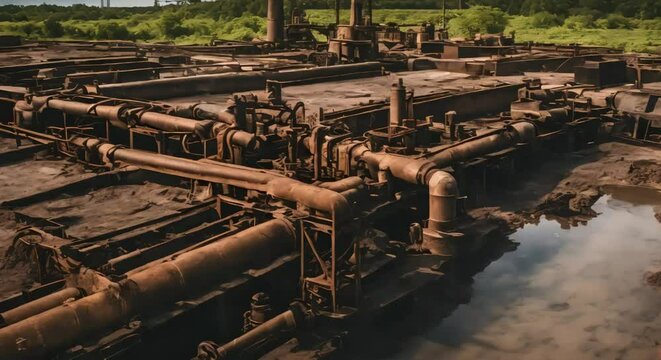 An industrial wasteland dotted with abandoned factories and rusting machinery, with toxic chemicals leaching into the soil.