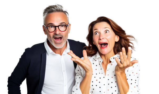 Excited couple in surprise, glasses and polka dot dress against transparent background