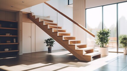 The stairs and interior of a modern house are clean and comfortable with sunlight penetrating the...