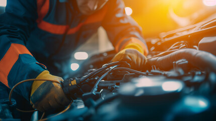 Skilled Mechanic in Safety Gear Meticulously Repairing Car Engine, Illuminating Automotive Expertise