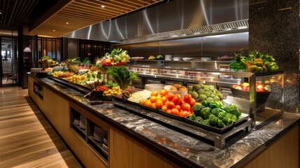 Contemporary tropical self-service setting with a focus on French cuisine, displaying a spotless and polished buffet area - obrazy, fototapety, plakaty