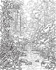 Landscape with river and forest. Coloring book