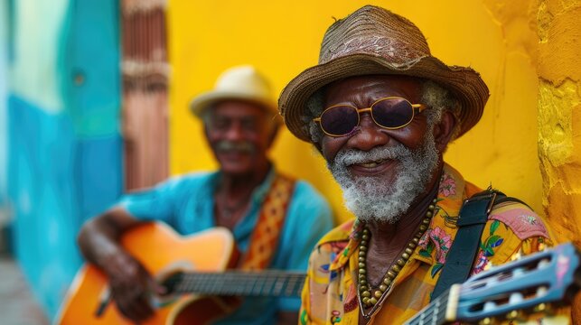 Senior Caribbean Musicians Enjoying a Sunny Day with Guitar - Powered by Adobe