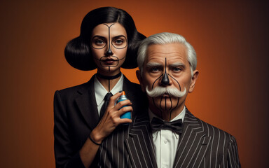 Image of two stylish people in elegant clothes but in a strange way on an orange background