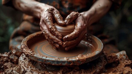 Close-up of a potter's hands shaping a wet clay ball on a spinning wheel, detailed texture, studio lighting, artisan workshop theme