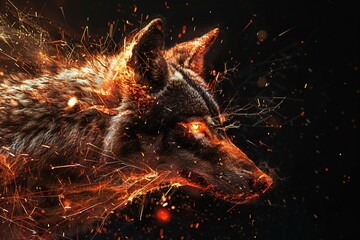 Close-up portrait of a wolf with fire sparks on a black background