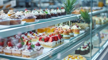 Close-up of a clean and polished tropical buffet counter, showcasing an assortment of desserts and cakes in a bright, inviting bakery setting
