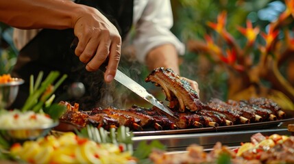 Close-up of a chef slicing succulent grilled ribs at a shiny buffet counter, surrounded by tropical decor, epitome of hygiene and taste