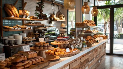Bright and inviting tropical bakery counter, filled with an array of fresh bread and desserts, emphasizing a sparkling clean appearance