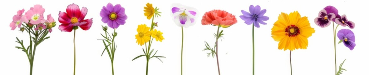 Naklejka premium Assorted Pressed Flowers and Leaves Arranged on White Background. Flat lay view of colorful flowers and green leaves artistically arranged on a clean white background, perfect for crafting and decor.