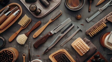 Artistic arrangement of beard styling tools, featuring elegant razors and natural bristle brushes, perfect for men's grooming ads - obrazy, fototapety, plakaty