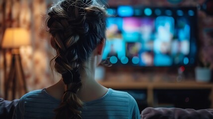Fototapeta na wymiar A woman with long hair is sitting on a couch in front of a television