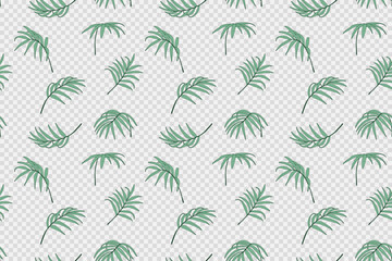 Vector tropical seamless pattern with green palm branches on a transparent background. Summer pattern for textiles, wrapping paper, wallpaper or covers. - obrazy, fototapety, plakaty