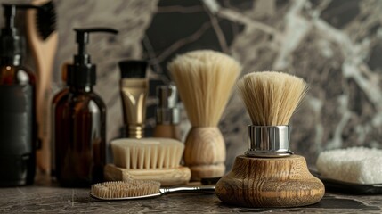 Obraz na płótnie Canvas Artistic arrangement of beard styling tools, featuring elegant razors and natural bristle brushes, perfect for men's grooming ads