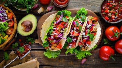 Artful arrangement of homemade tacos with fresh greens, vibrant veggies, and tangy salsa, perfect for a food magazine feature - obrazy, fototapety, plakaty