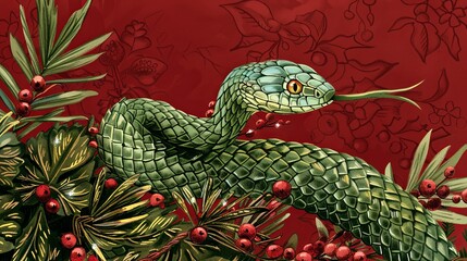 Fototapeta premium red postcard for the new year 2025 of the green snake