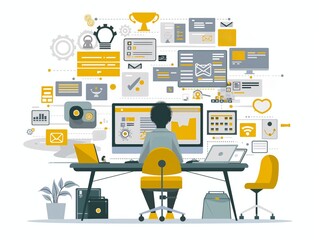Illustration of a person working at a desk surrounded by various digital and business icons, depicting a productive and connected work environment.