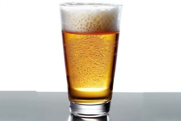 Glass of beer with foam on a white background,  Close-up