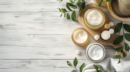Set of different cosmetic glass jars of cream with green leaves on white wooden table. copy space. Natural beauty spa product concept