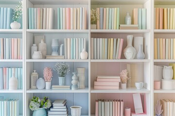 White bookshelf with different books and vases in modern room