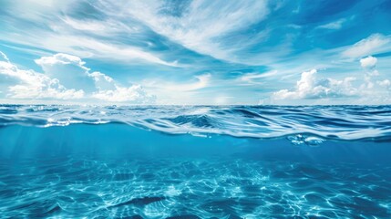 Fototapeta premium Ocean Horizon Under Blue Sky with Fluffy Clouds. World Oceans Day