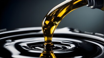 Close-up of {a car engine oil pouring}, Photograph, Realistic, None, Camera: DSLR, Lens: 50mm f/1.8, Shot: Close-up, Render: High resolution, Detailed, Studio lighting - obrazy, fototapety, plakaty
