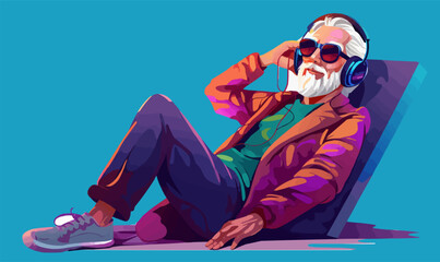 old man listening music vector flat isolated illustration