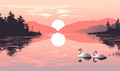 Obraz premium Two swans are swimming in a lake at sunset