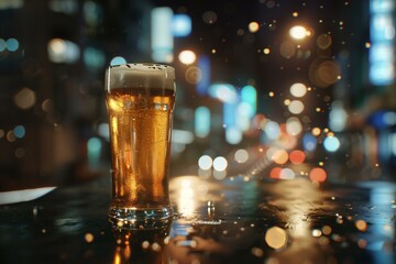 Glass of beer on the table in the city, bokeh
