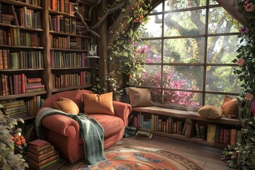 Bookshelf with books and cushions in a cozy home library