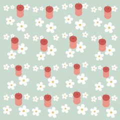 Hand drawn cute apple and white flowers pattern. Apple fruit pattern on green background. Fruit Background