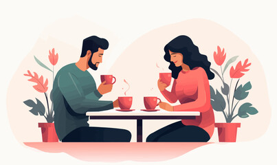 couple drinking coffee vector flat minimalistic isolated illustration