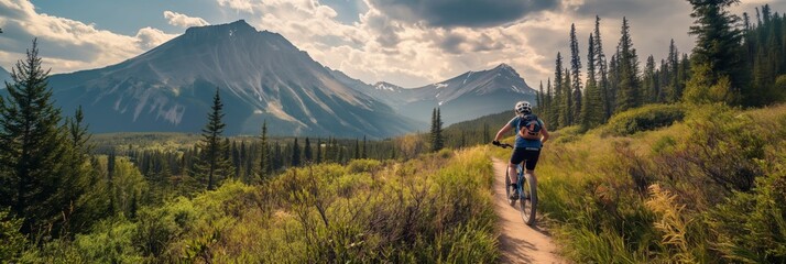 An active mountain biker rides along a serene forest trail, framed by majestic mountains and vibrant skies at dusk