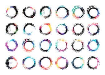 Glitch circle frame color vector set. Round digital error video texture color visual decay ring objects highlighted on white background