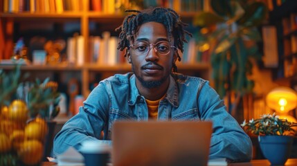 Smiling man with glasses working on a laptop. Indoor casual portrait with bookshelf background
