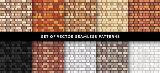 Vector English brick wall seamless patterns set. Flat red, orange, yellow, black, white, grey wall texture. Grunge textured brick background collection for print, paper, design, decor, interior.