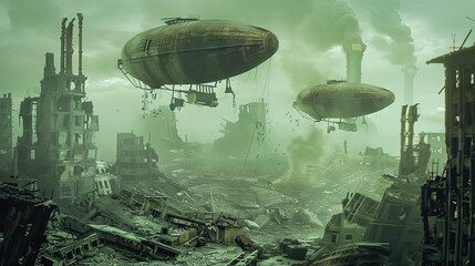 Fototapeta na wymiar Post apocalyptic airships over damaged structures